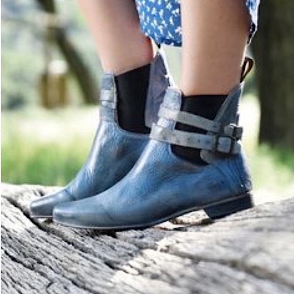 BED STU Boots Rare RAVINE Booties Blue Leather Buckles Elastic Size 8